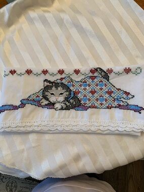 Pillow Case (Standard) Embroidered with Lace Trim “Sleeping Cat”